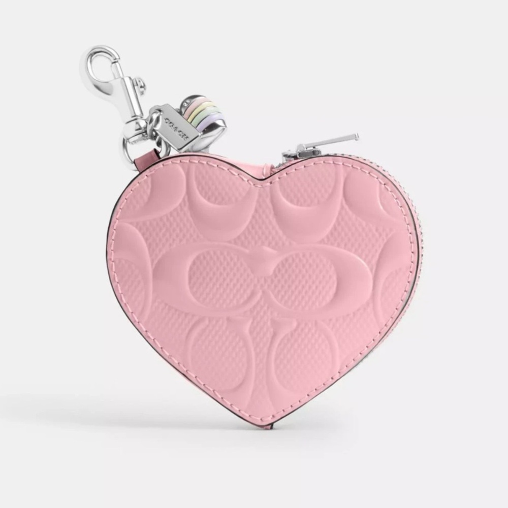 NWT Coach Heart Bag Charm In Signature Leather With Heart Charm - Silver/Pink